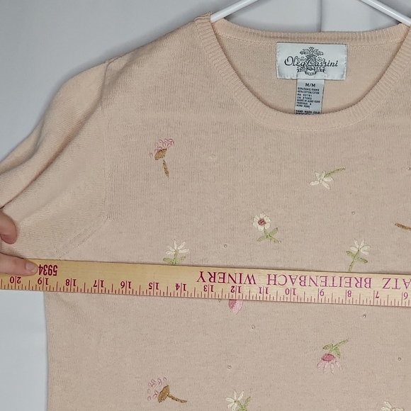 Oleg Cassini Sweater Embroidered Short Sleeve Medium Knit Pastel Floral Crew VTG - Picture 4 of 8
